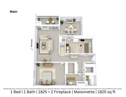 3D floor plan providing an angled view of a 1 bedroom, 1 bathroom Maisonette with two fireplaces, furniture placement, and flow over 1,825 Sq. Ft.